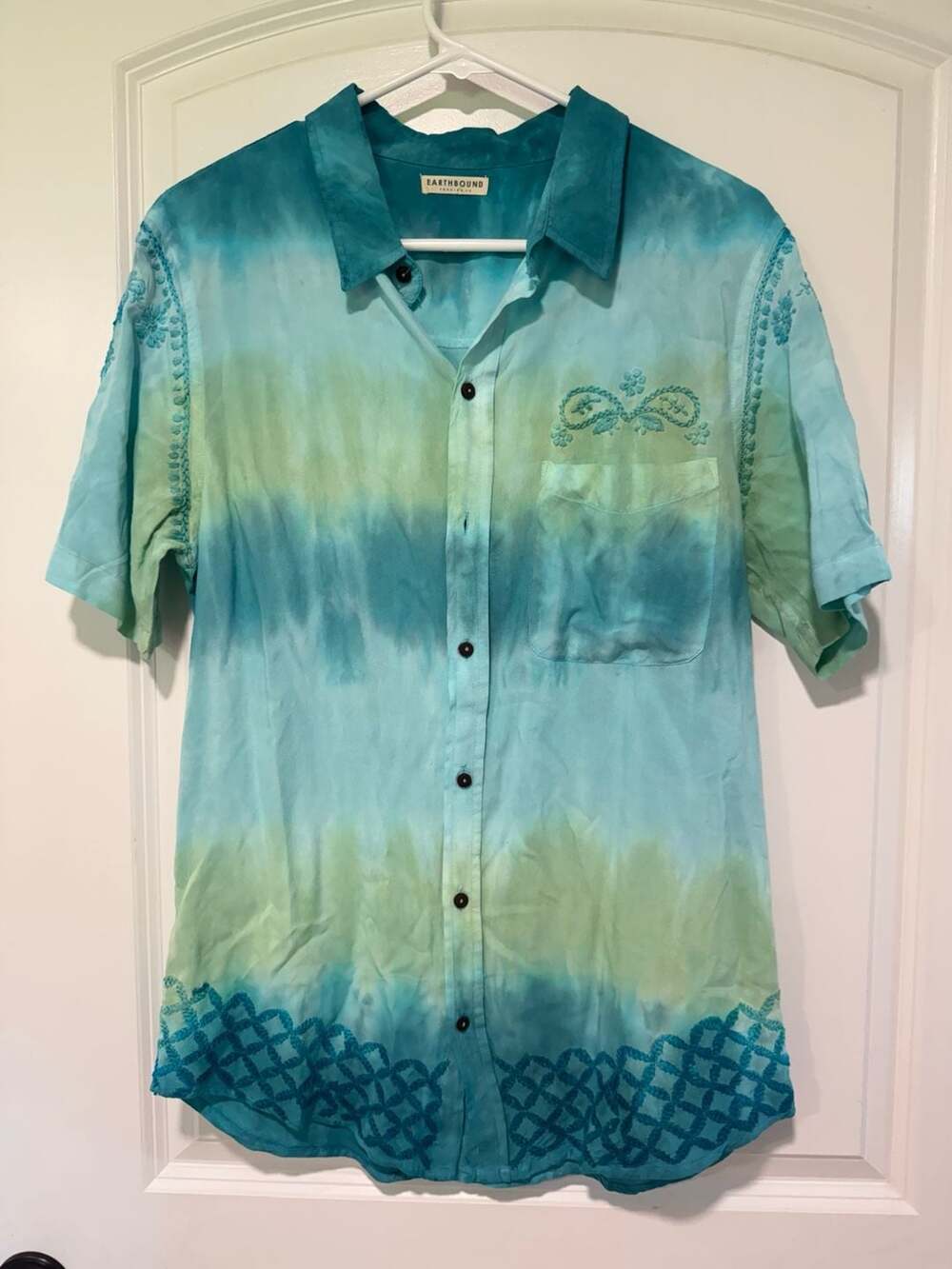 Tie Dye Embroidered Button Up Shirt Boho Festival Turquoise Women’s M